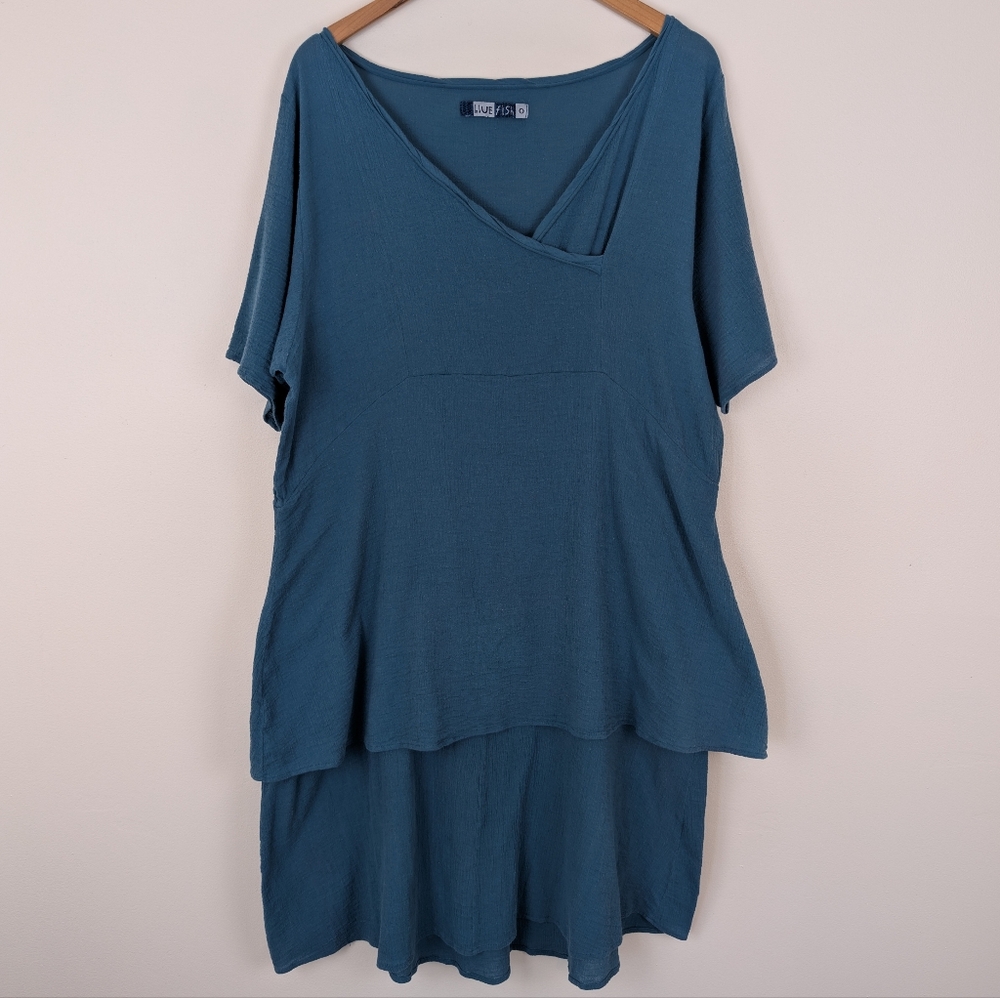 Blue Fish Teal 100% Linen Layered Quarter Sleeve Dress